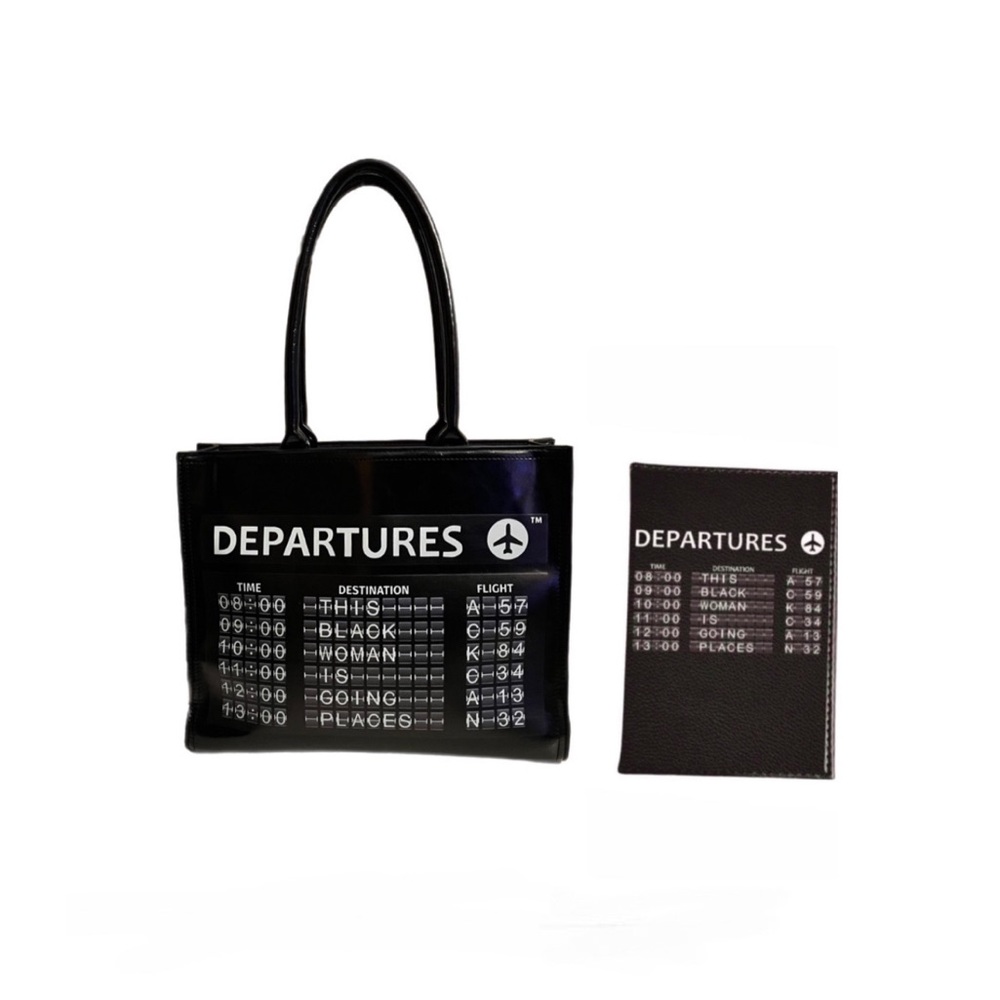 Departures travel tote and passport cover from Clara’s Closet.
